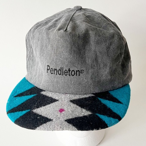 Pendleton Other - Vtg PENDLETON Distress Denim & Wool Aztec Leather Strapback Cap Hat Made USA